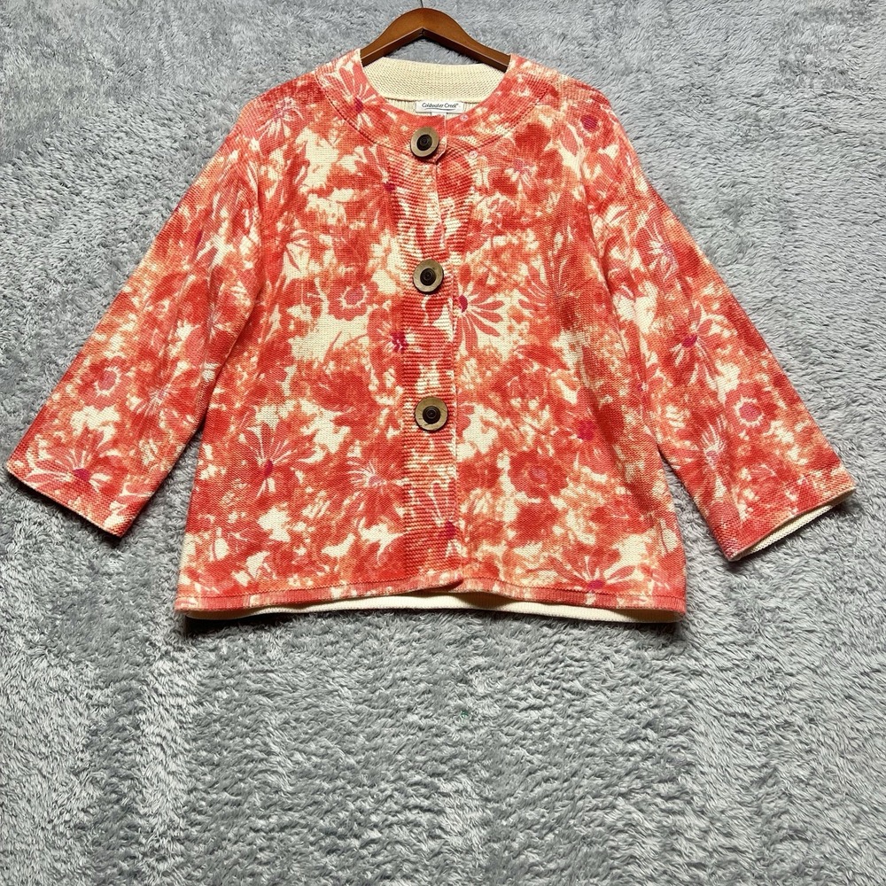 Coldwater Creek Cardigan Sweater Medium‎ Orange Red Floral 3/4 Sleeve Wood Snaps